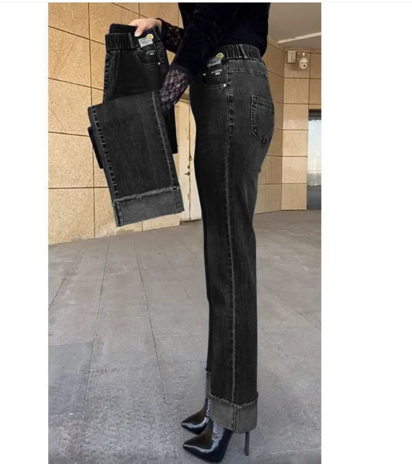 Women's Button Cuff Cropped Straight Leg Denim Jeans