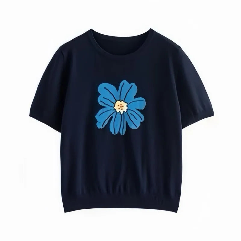 Stylish large-flower jacquard round-neck knitted short-sleeved women's loose ice silk T-shirt and thin top