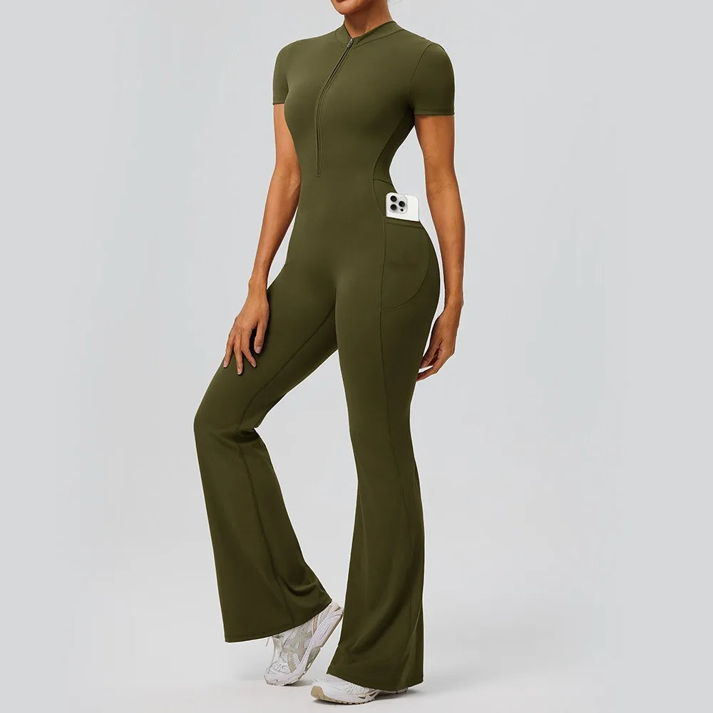 Women's Short Sleeve Nylon Blend Flared Workout Jumpsuit with Front Zip