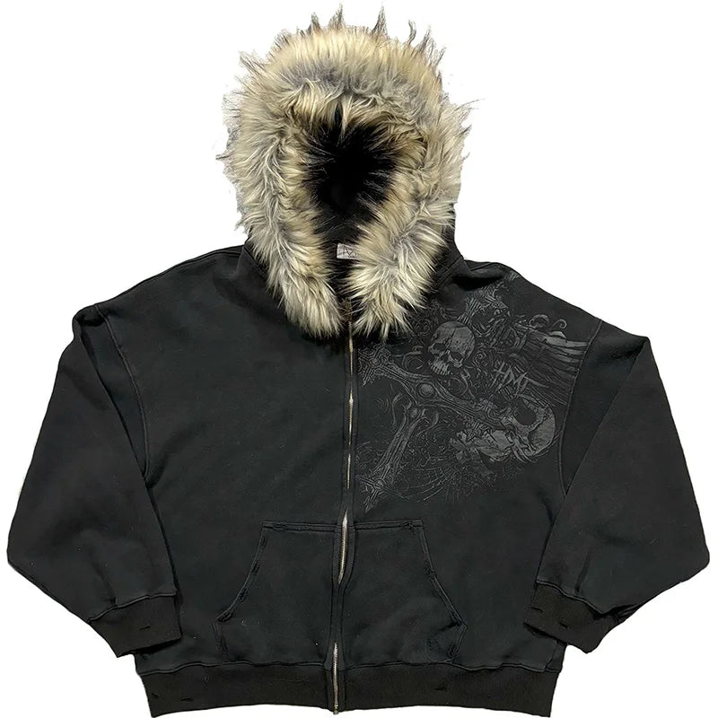 Fluffy Trim Long Sleeve Full Zip Casual Hoodie