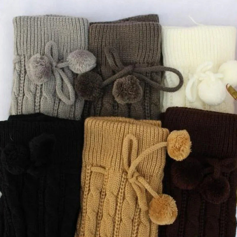 Cable Knit Leg Warmers with Decorative Pom Tie Details