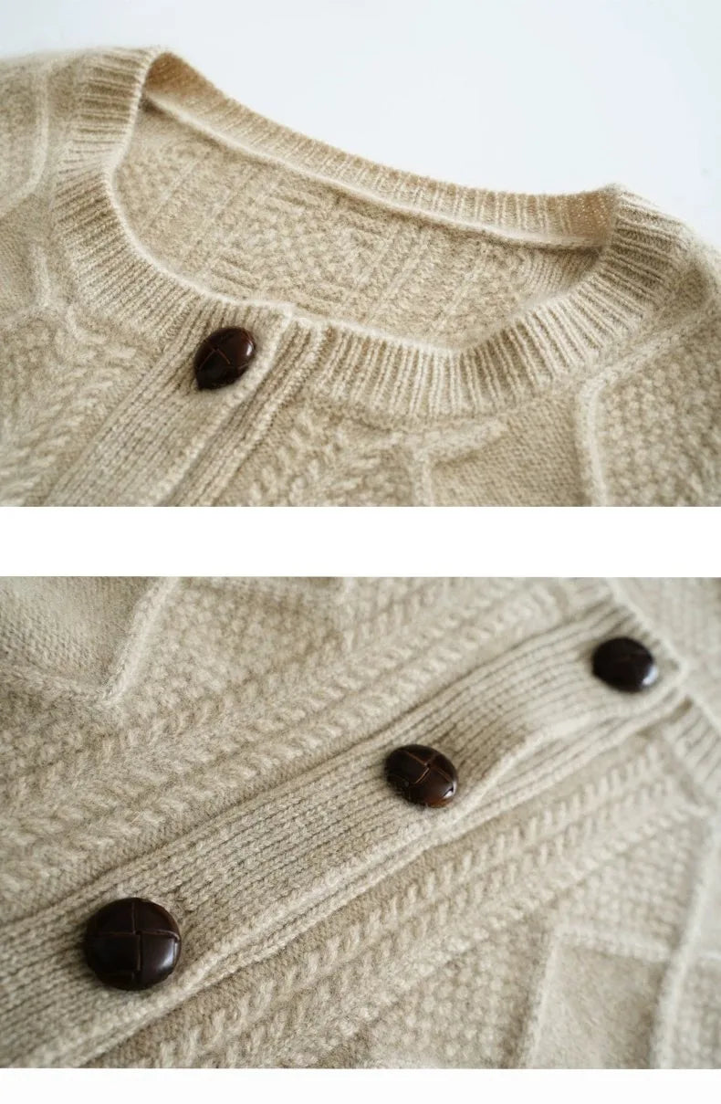 new autumn and winter cashmere twisted floral women's round neck cardigan sweater loose 100%wool