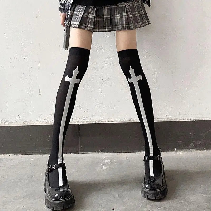 Cross Pattern Thigh High Stockings with Contrasting Cuff Design