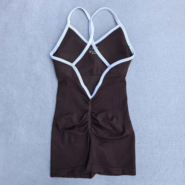 Women's Contrast Trim Nylon Blend Workout Romper with Thin Crossed Straps