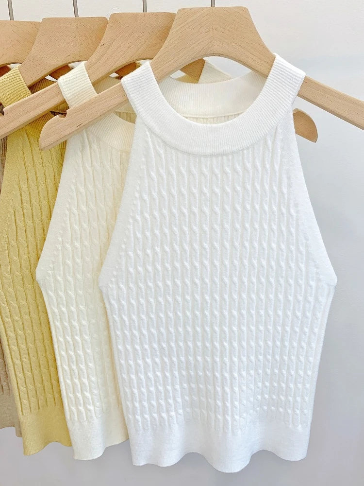 Women's High Neck Ribbed Polyester Crop Tank Top with Sleeveless Cut
