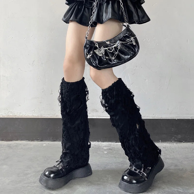 Black Distressed Knit Leg Warmers with Ripped Texture