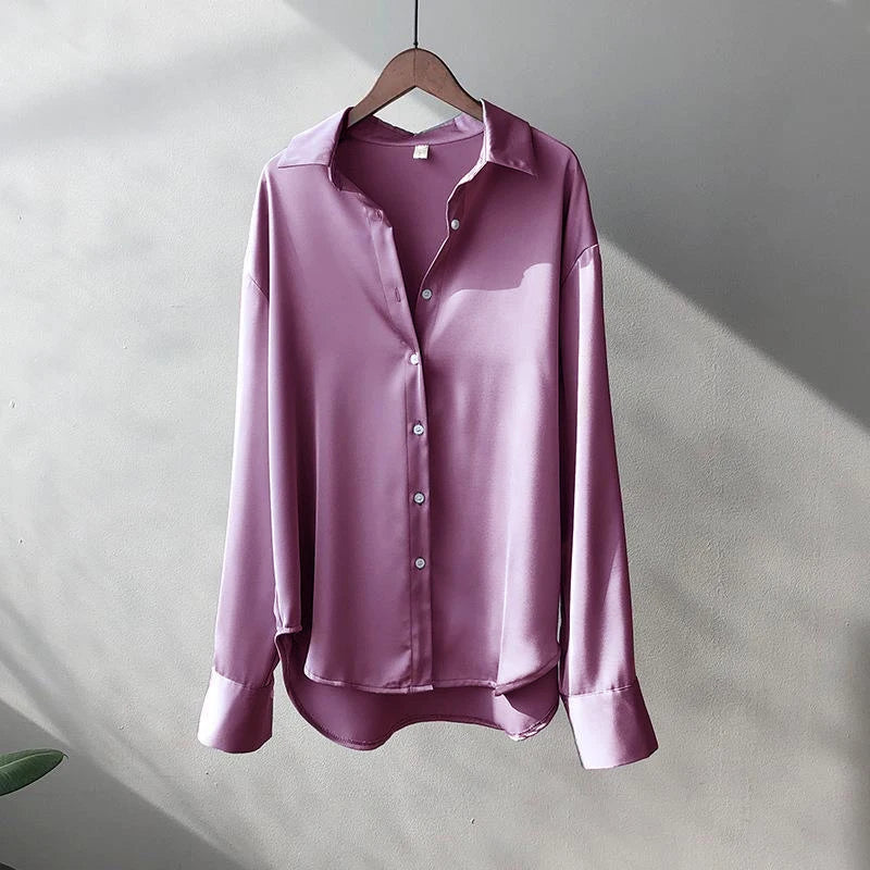 Women's Satin Look Long Sleeve Button Front Shirt