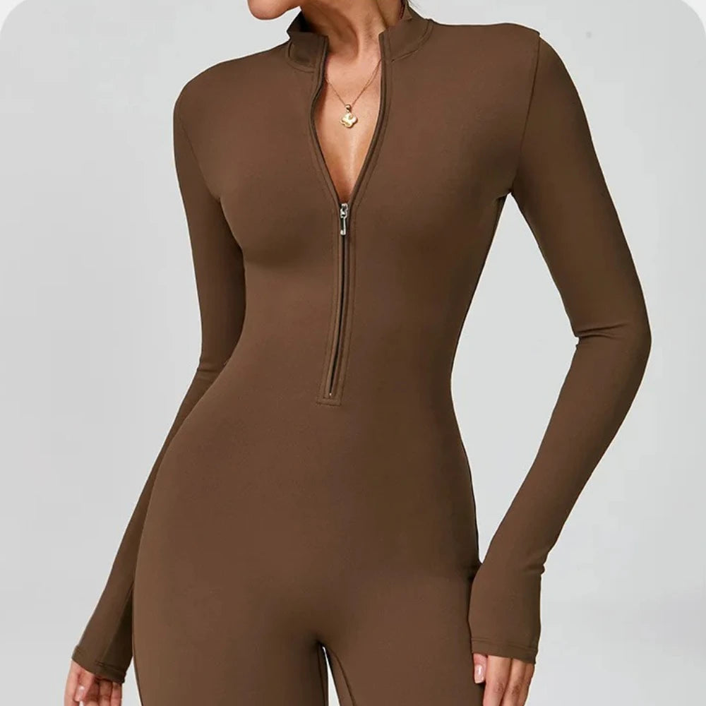 Women's Long Sleeve Nylon Blend Flared Workout Jumpsuit with Front Zipper