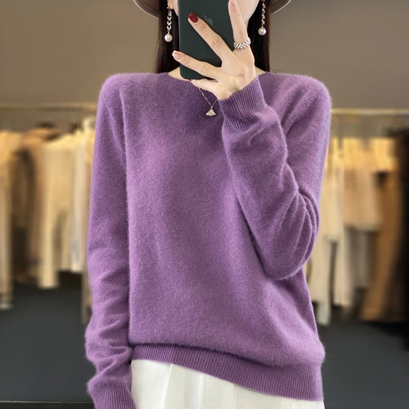 Women's Fluffy Round Neck Long Sleeve Sweater Casual Knit Layer