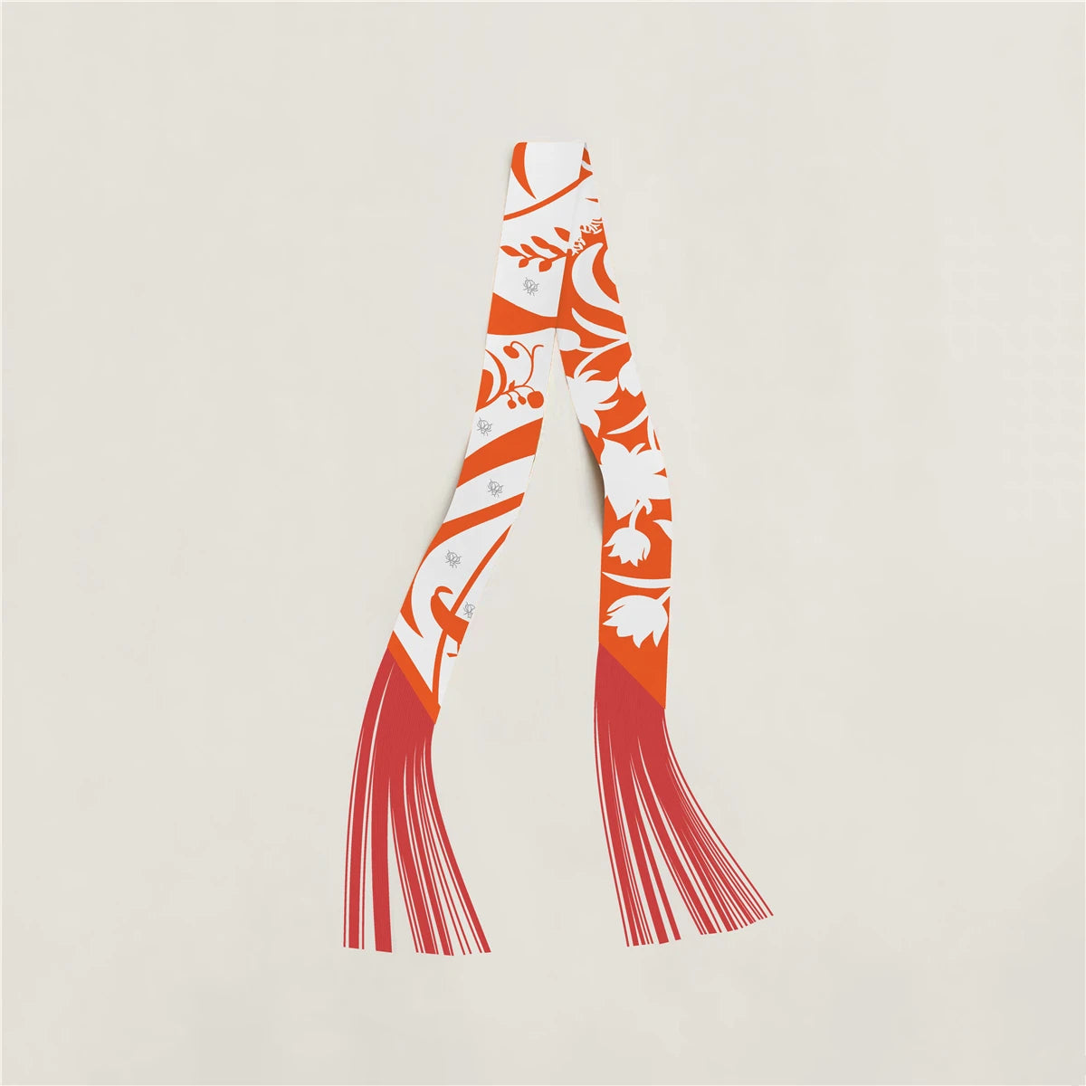 Printed Narrow Ribbon Scarf with Decorative Fringed Ends