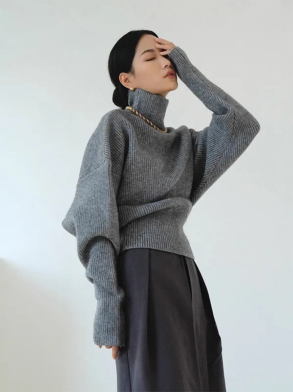 French retro high-neck pullover pure wool sweater women's short knitted base sweater waist-cinching and versatile top