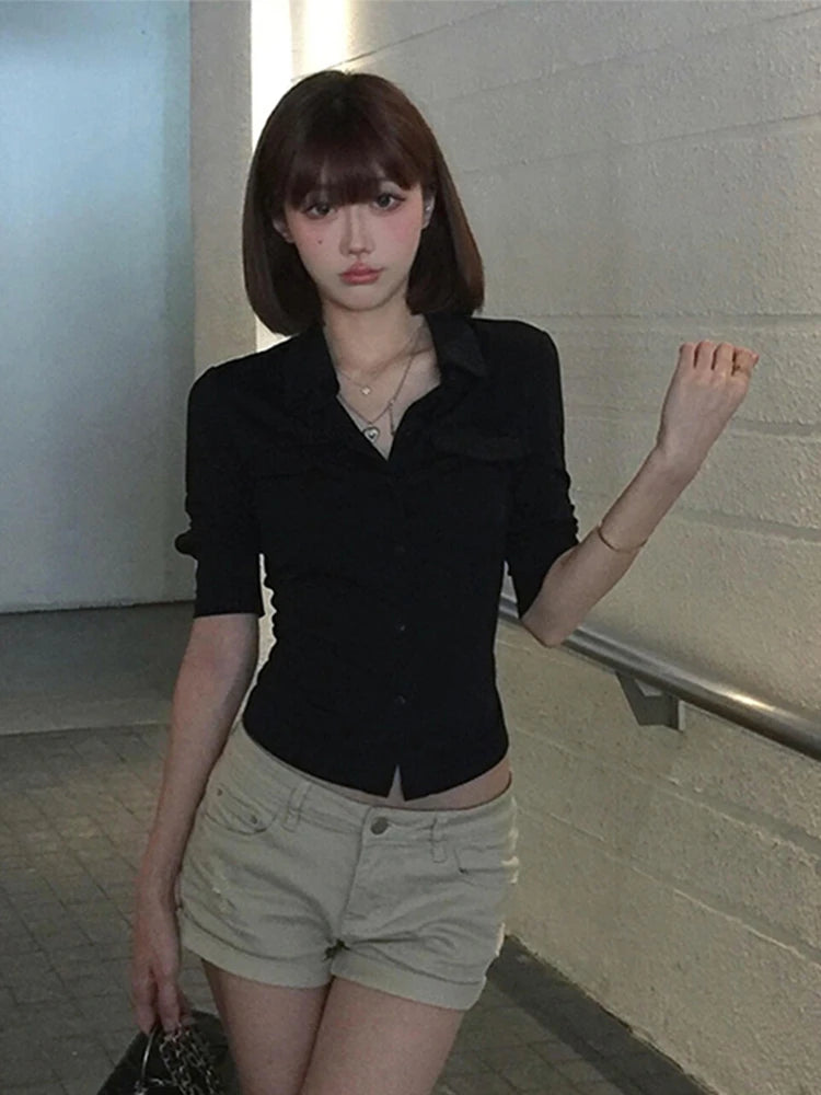 Women's Fitted Collared Three Quarter Sleeve Button Front Shirt