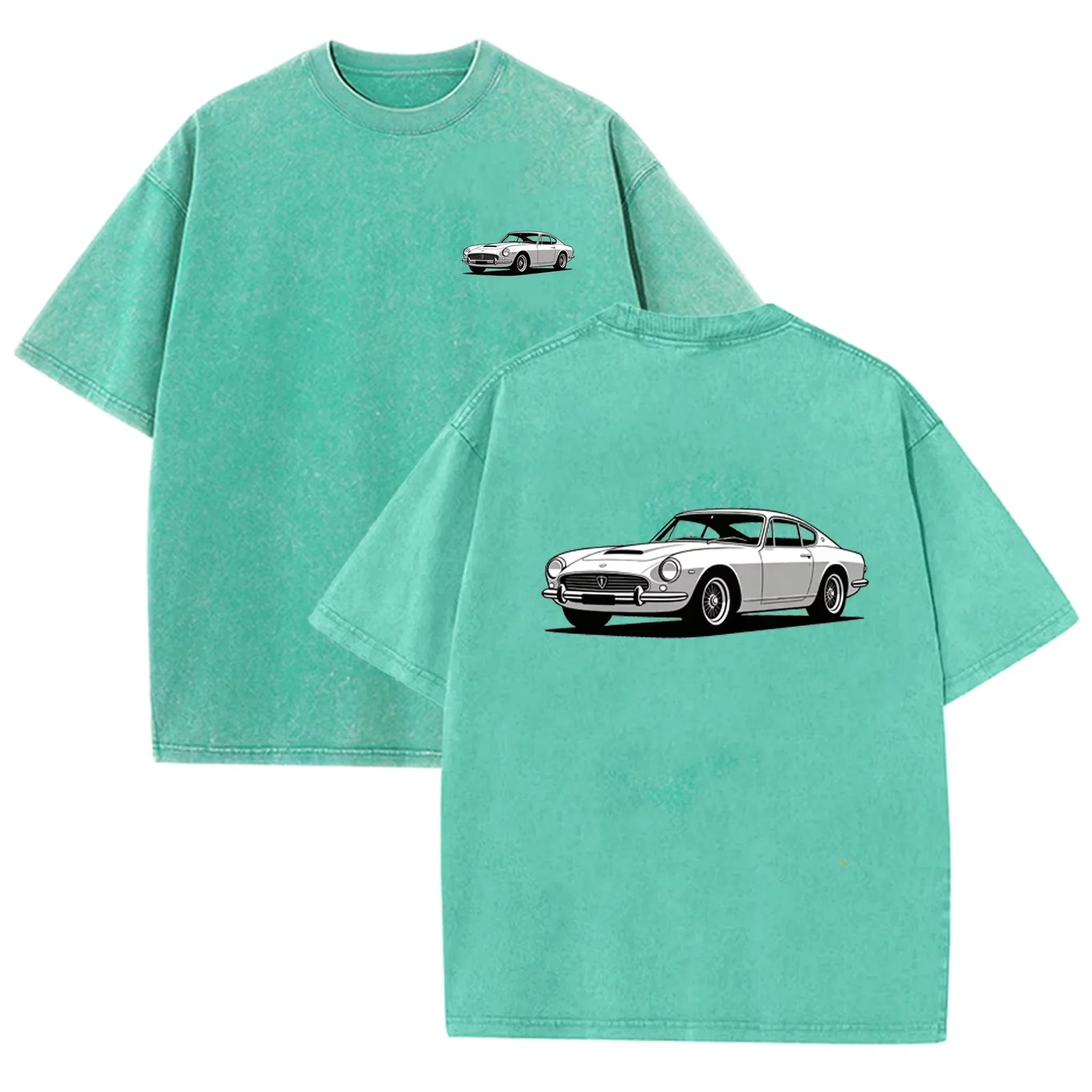 Teal Acid Wash Retro Vintage Coupe Car Print Classic Car Lover Casual Tee