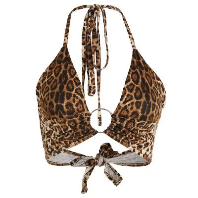 Women's Leopard Print Halter Crop Top with Ties and Ring Detail