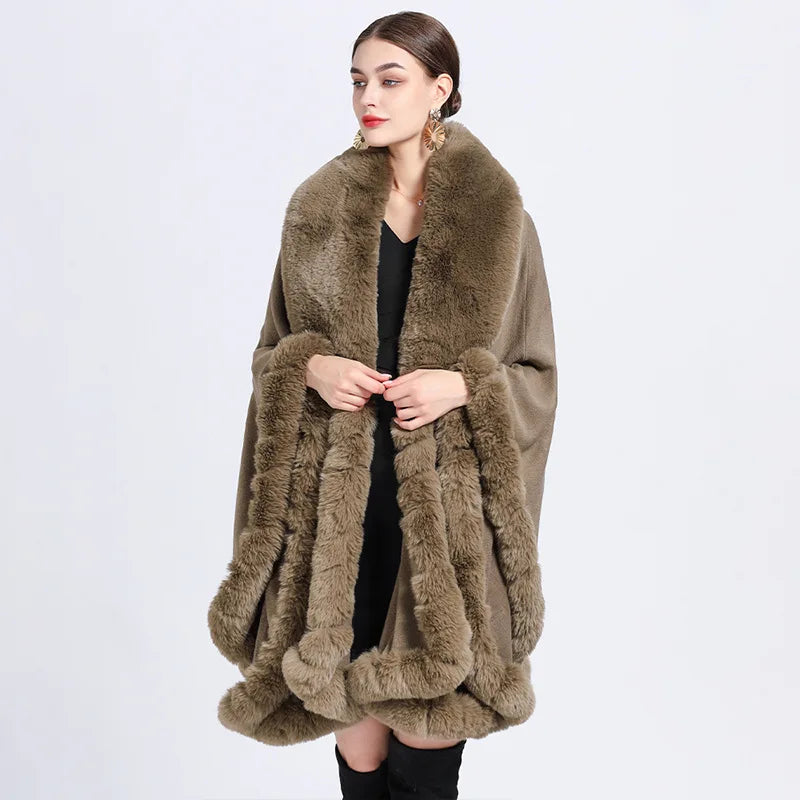 Plush Trim Hooded Poncho for Layering over Outfits