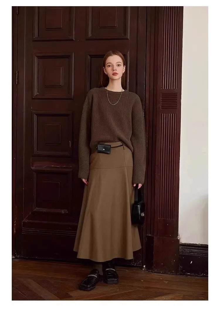 Vintage thick cashmere knitwear women's fall/winter loose shoulder crew neck sweater base sweater