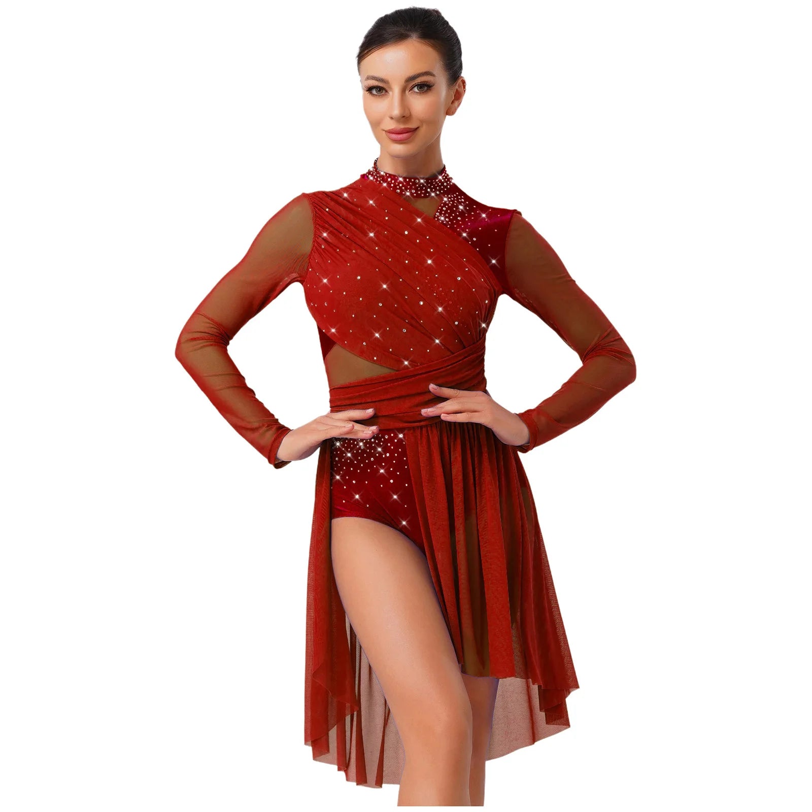 Women's Long Sleeve Rhinestone Dance Dress with Open Back and Split Skirt