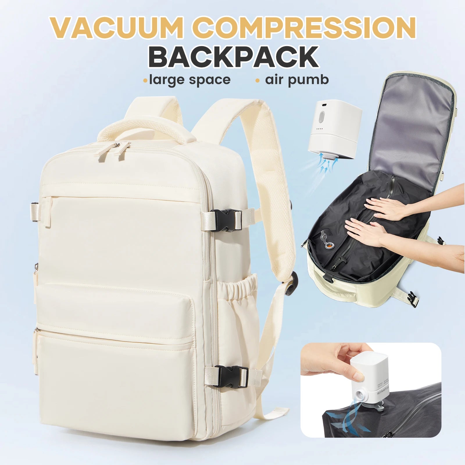 Travel Backpack with Internal Compression Compartment and Pump Option