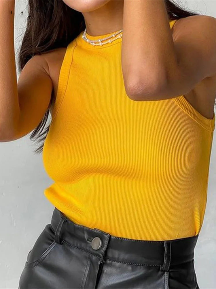 Women's Ribbed Tank Top with a Halter Neck and Sleeveless Design