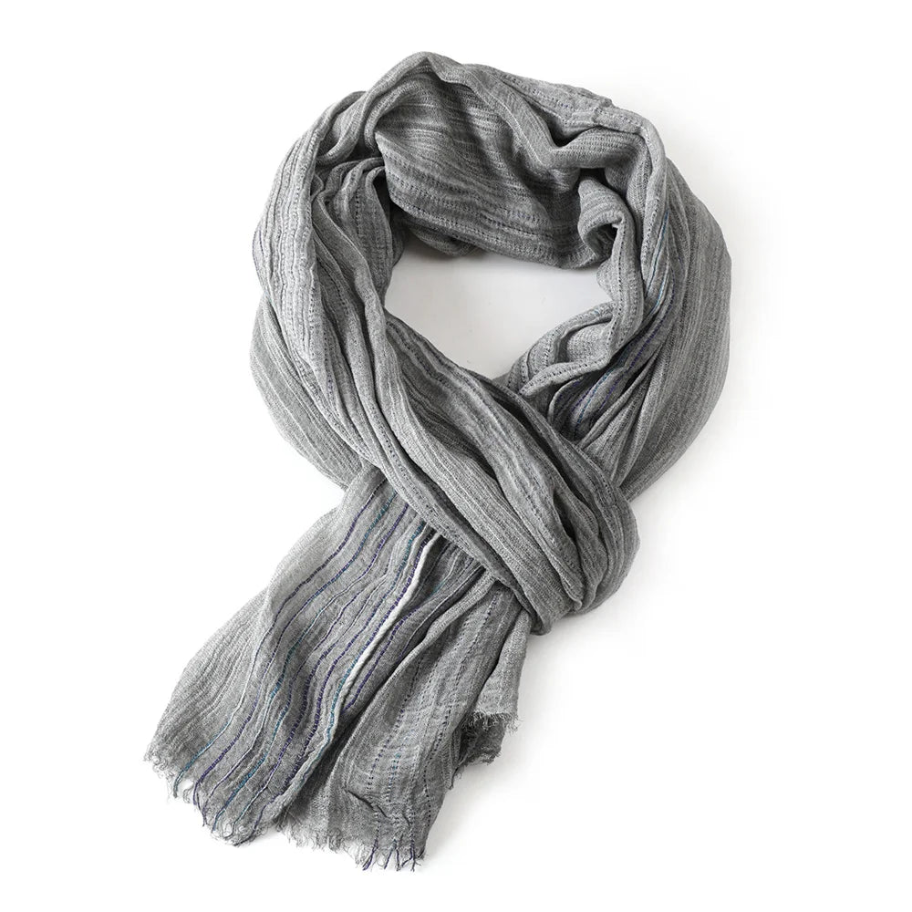 Striped Long Scarf with Decorative Frayed End Trim