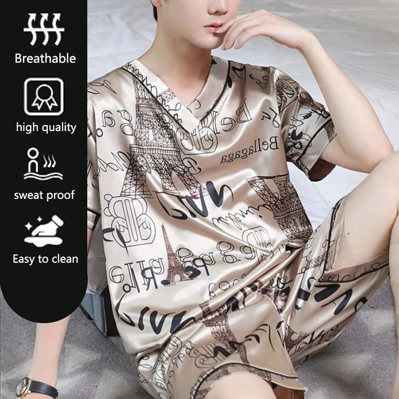 Men's Printed Short Sleeve Button Neck Top and Shorts Pajama Set