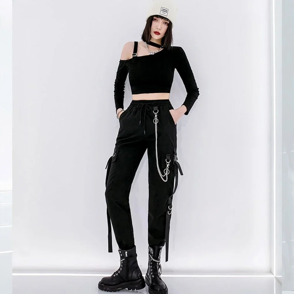 Women's Black Cargo Joggers with Chain and Plain Style Options