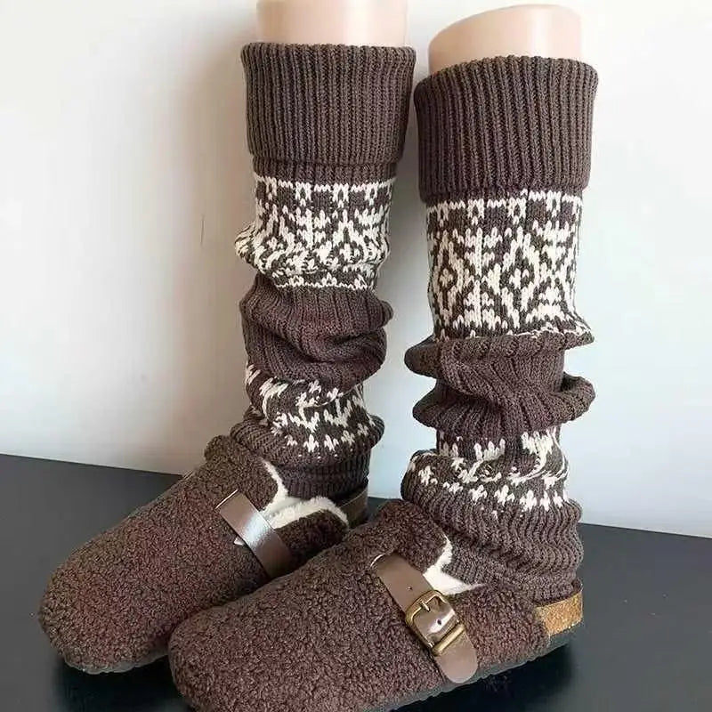 Patterned Knit Leg Warmers with Foldable Ribbed Cuffs