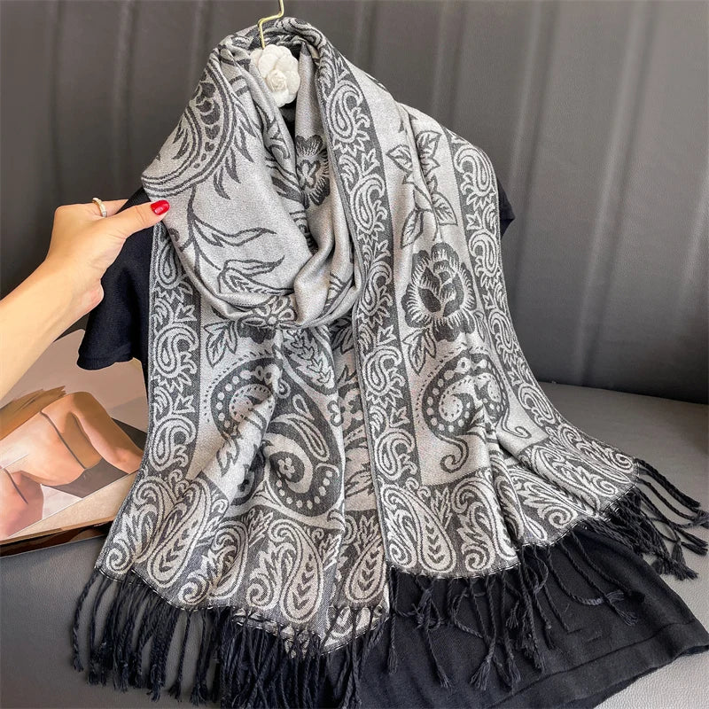 Paisley Floral Print Long Scarf with Fringed Ends