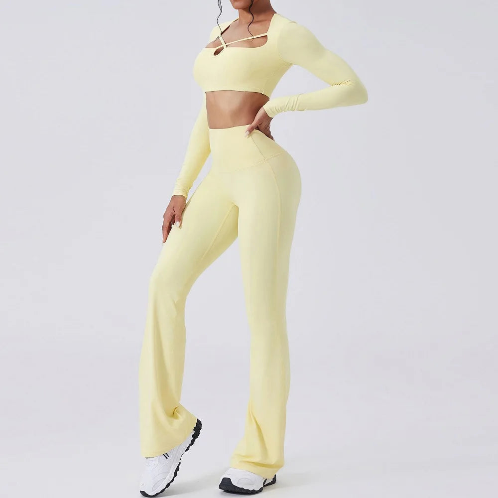 Women's Long-Sleeve Crop Top and Flared Pants Workout Set