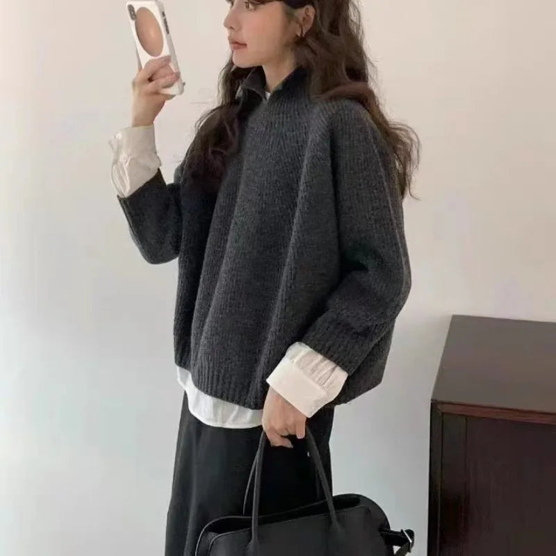Half-open high-neck three-quarter sleeve cashmere sweater women loose cashmere sweater for autumn and winter thickened sweater