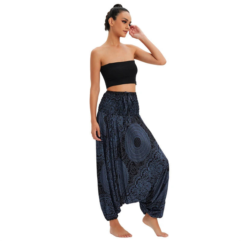 Women's Printed Rayon Harem Pants with Elastic Waist and Convertible Styling