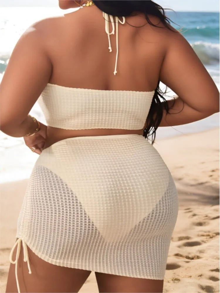 Women's Textured Halter Bikini Set with Matching Ruched Mini Skirt