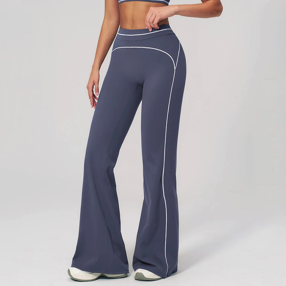 Women's High Waist Flared Workout Pants with Curved Contrast Seam Details