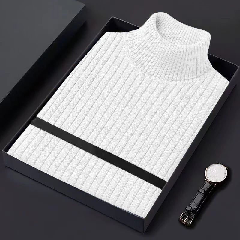 Men's Ribbed Turtleneck Sweater with Contrast Stripe