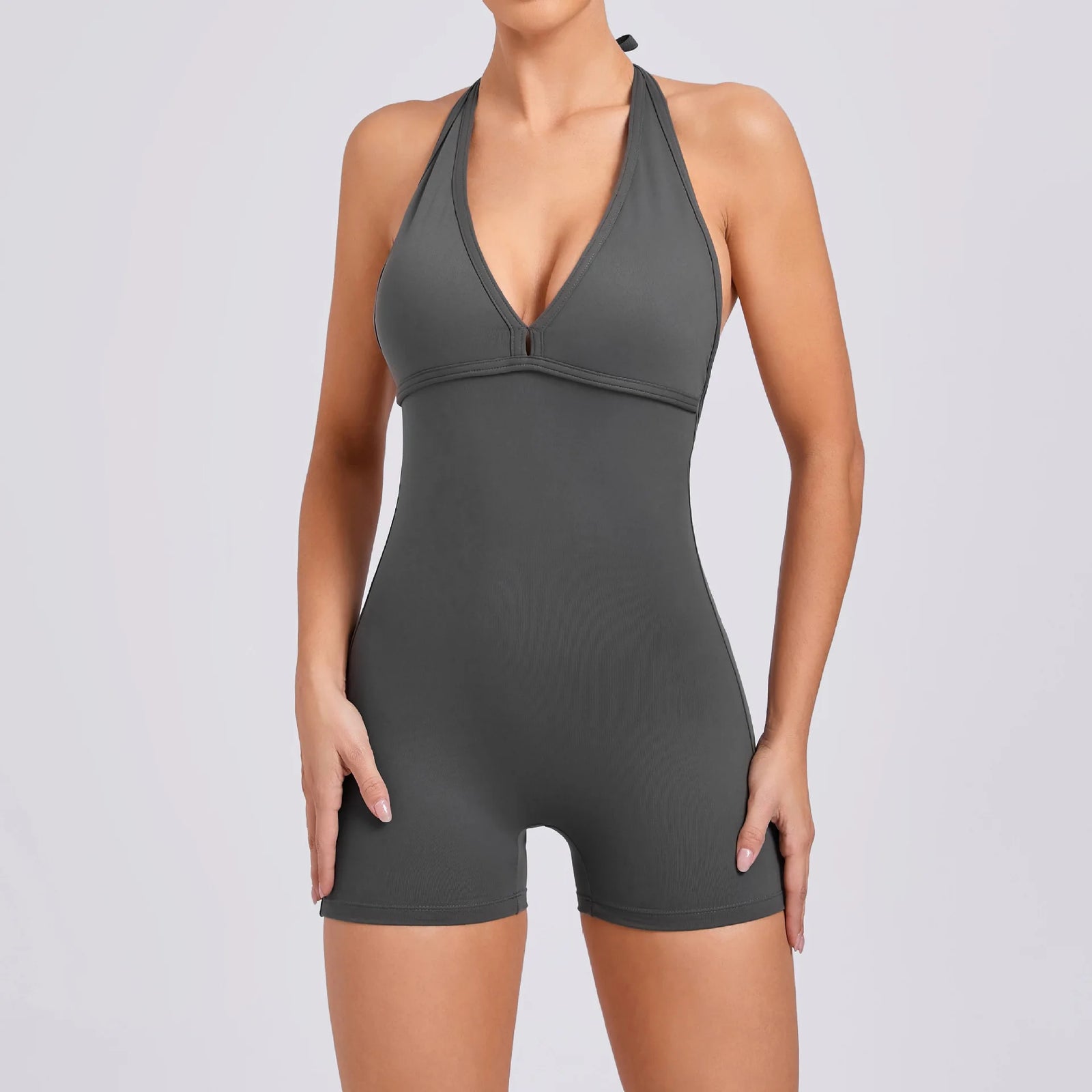 Women's Deep V Halter Nylon Blend Workout Romper with Open Back
