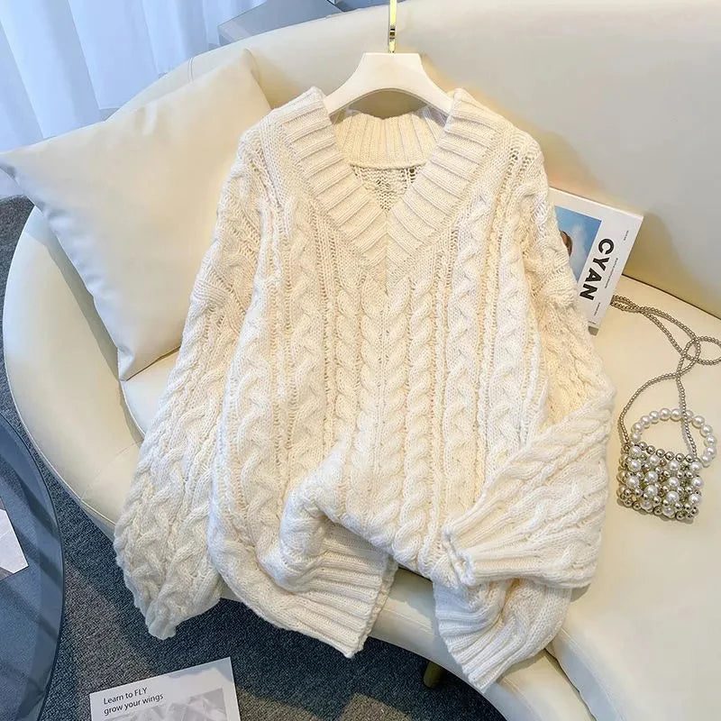 Women's V Neck Cable Knit Sweater Casual Knit Layer