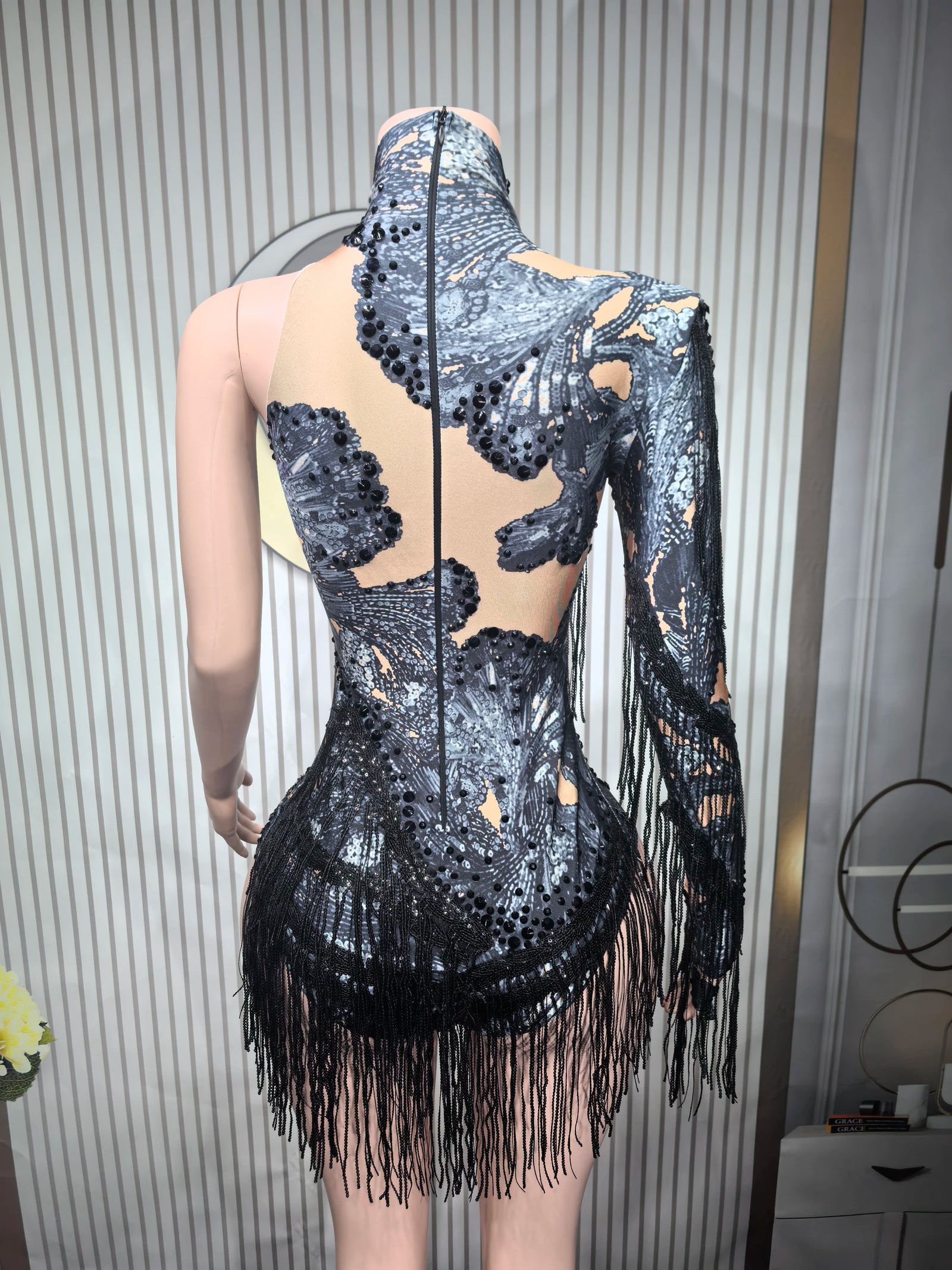 Women's Asymmetric Rhinestone Fringe Dance Bodysuit for Stage Performance Outfits