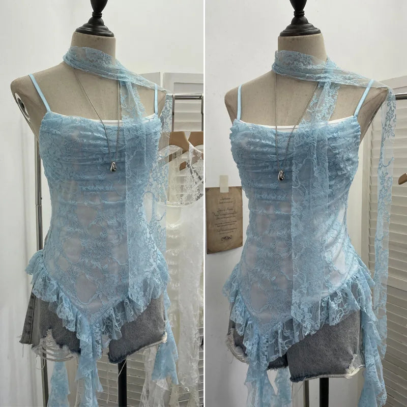 Women's Ruffled Polyester Camisole with Lace Trim and Asymmetric Style Options