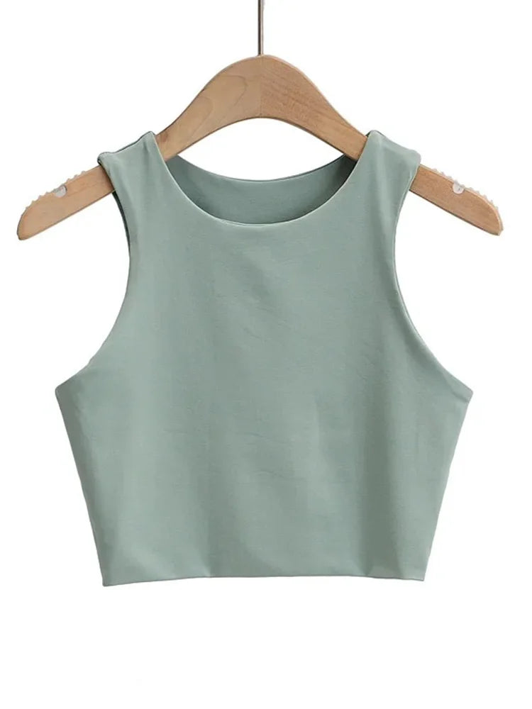 Women's Solid Round-Neck Sleeveless Stretch Crop Tank Top