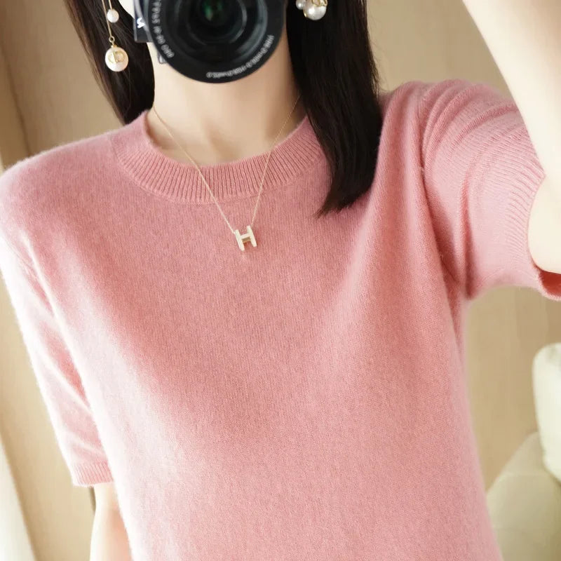 Women's Crew Neck Short Sleeve Sweater Casual Knit Layer