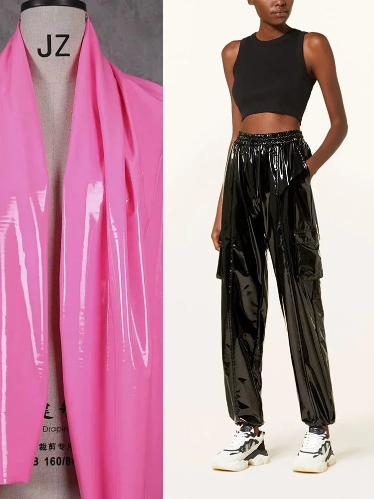 Women's Shiny Faux Leather Cargo Joggers with Drawstring Waist and Cuffs