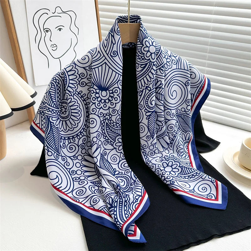 Printed Large Square Scarf with Decorative Border Designs