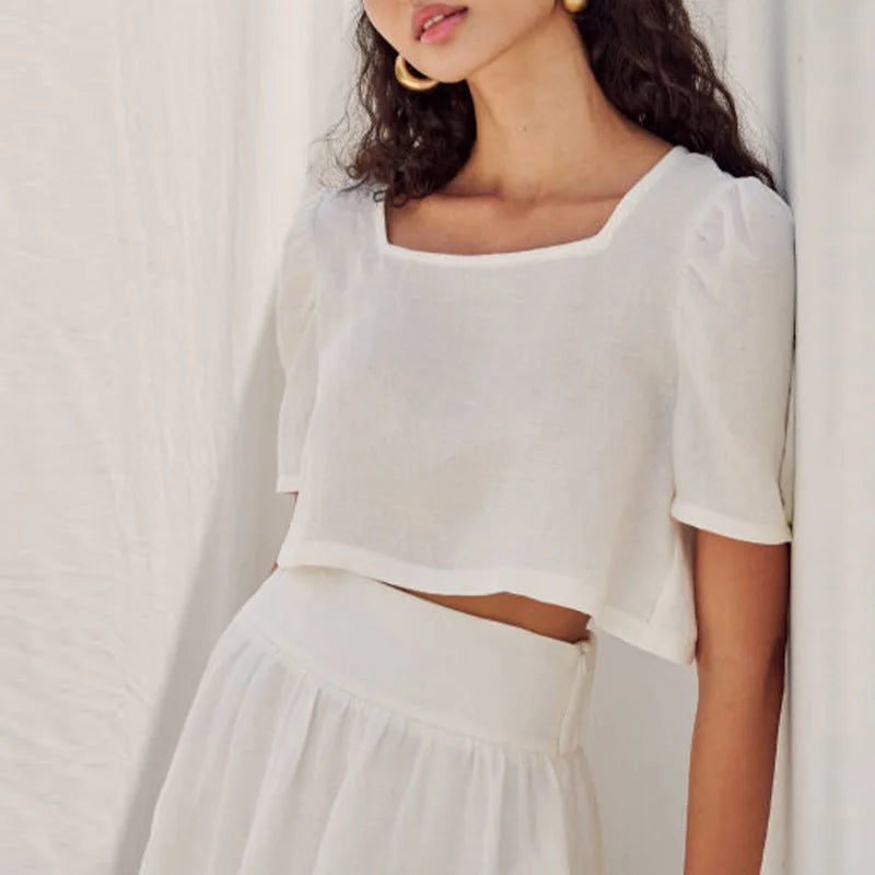 Women's Cotton-Linen Square-Neck Cropped Blouse with Short Puff Sleeves for Summer Outfits