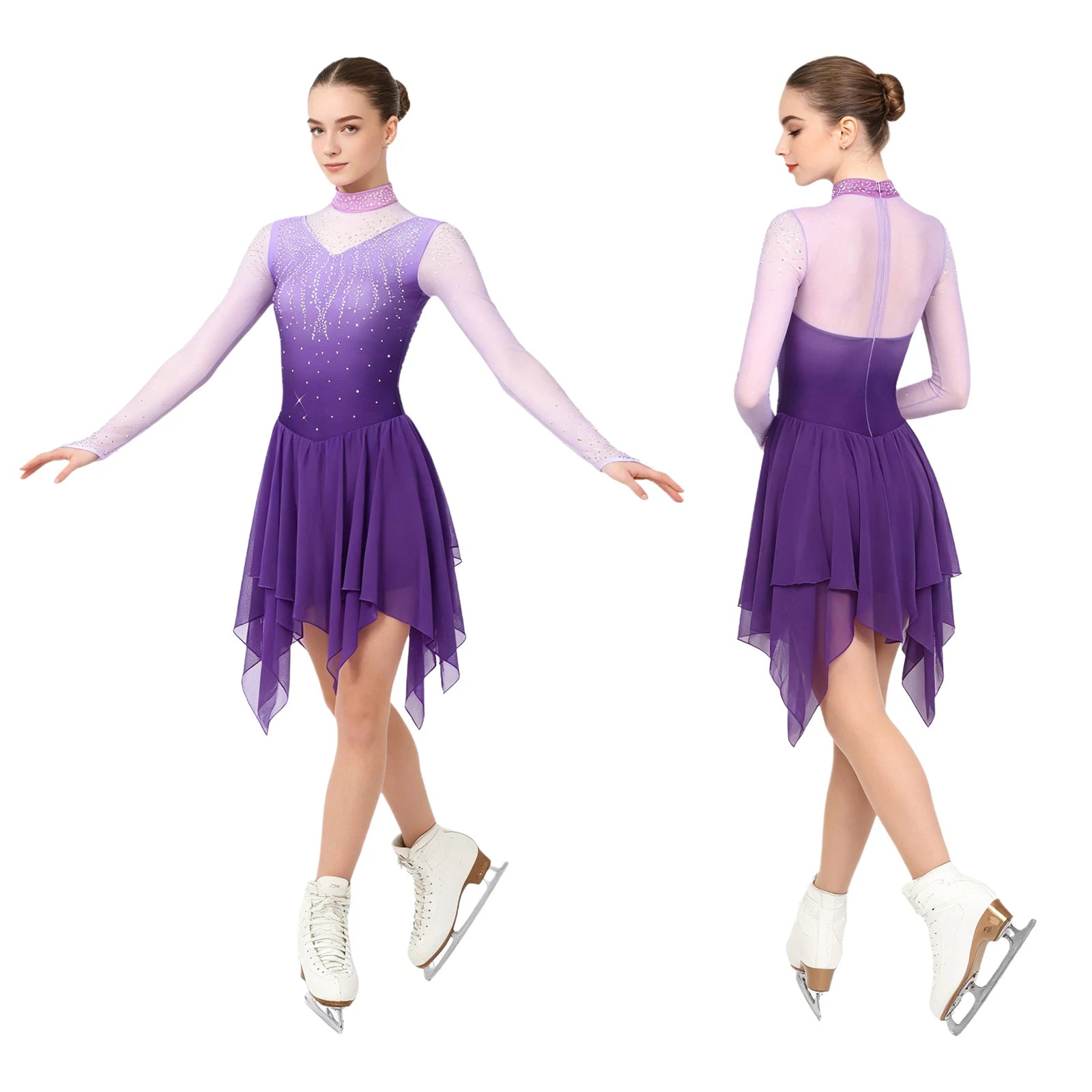 Women's Long Sleeve Rhinestone Dance Dress with Mesh and Open Back