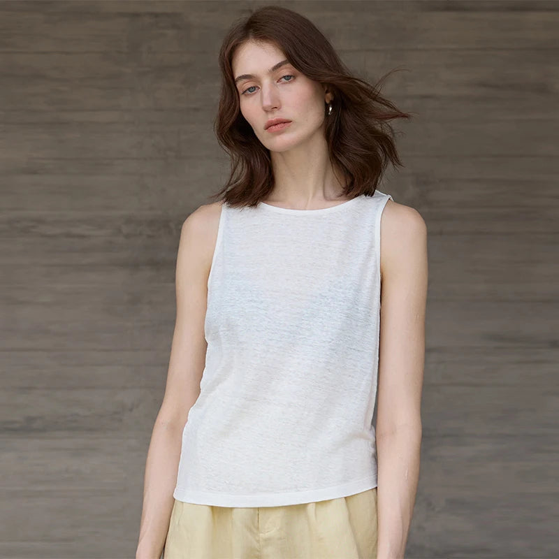 Women's Linen Sleeveless Round-Neck Tank Top for Casual Summer Daily Wear Outfits