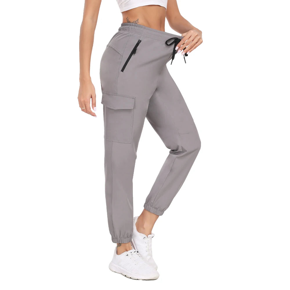 Women's Hiking Cargo Pants with Elastic Waist and Zip Pocket Details