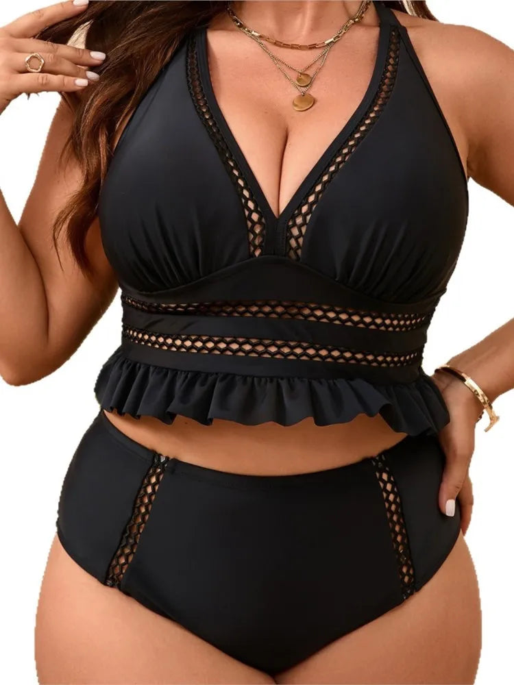Women's Ruffle Hem Mesh Trim Top and High Waist Bikini Set