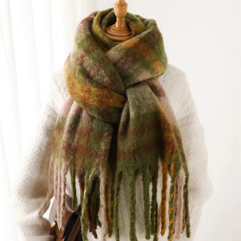 Multicolor Plaid Scarf with Long Shape and Fringed Ends