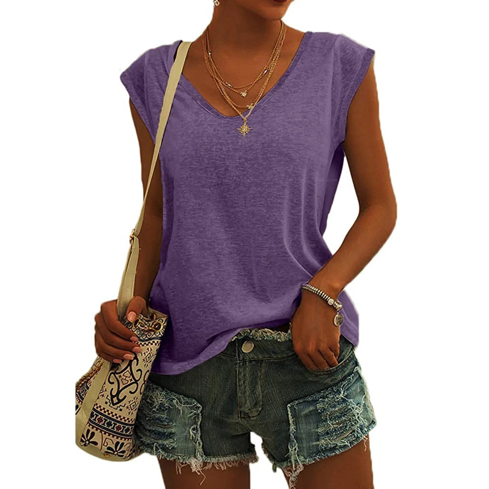 Women's Polyester Sleeveless V-Neck Tank Top with Slight Stretch for Summer Outfits