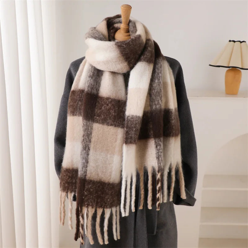 Multicolor Plaid Scarf with Long Shape and Fringed Ends